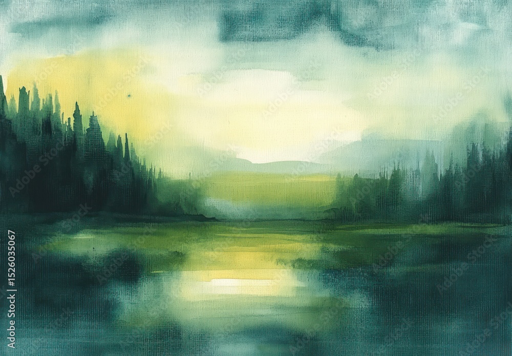 Fototapeta premium Peaceful watercolor landscape of a calm river surrounded by dense pine forests under a moody sky with soft light breaking through clouds