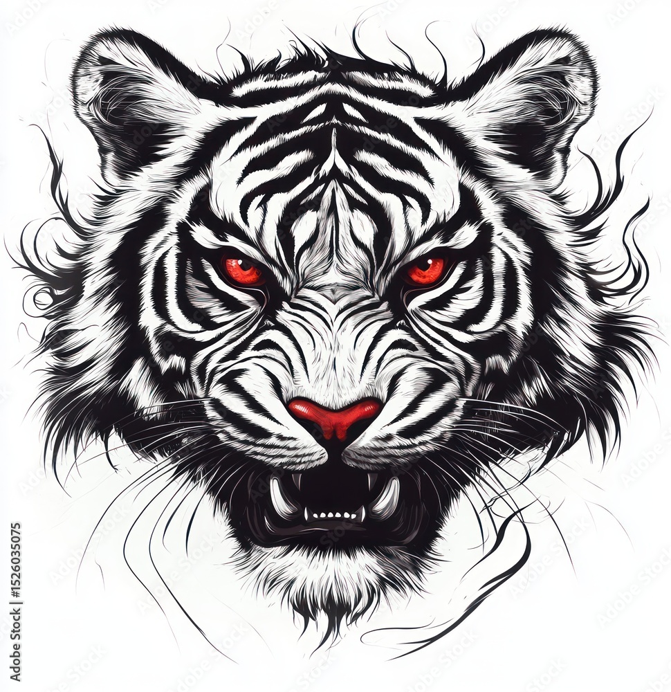 Fototapeta premium Close-up illustration of a fierce white tiger with striking red eyes and nose showing sharp teeth in an intense and powerful expression