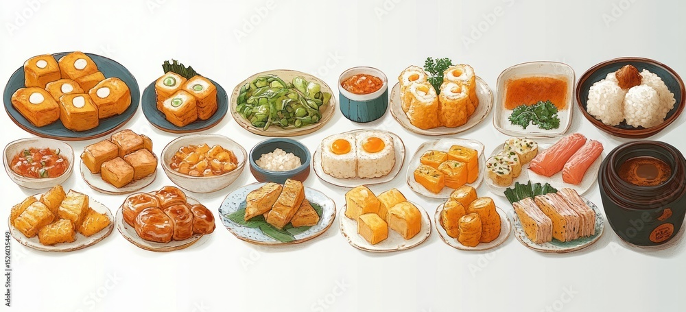 Variety of Japanese dishes including rice balls, sushi pieces, fried tofu, edamame, miso soup, and various small side dishes arranged on plates Variety of Japanese dishes including rice balls, sushi pieces, fried tofu, edamame, miso soup, and various small side dishes arranged on plates