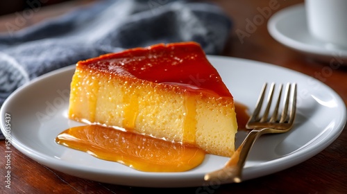 Fototapeta Naklejka Na Ścianę i Meble -  Slice of Flan with Caramel Sauce on a White Plate
