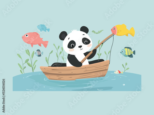 Cute panda fishing from a wooden boat in a serene lake surrounded by colorful fish and lush green plants creating a whimsical and playful illustration