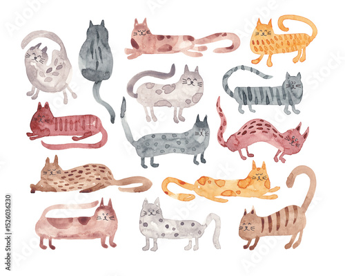 Fototapeta Naklejka Na Ścianę i Meble -  Funny  watercolor hand painted cats. Abstract hand drawn cats clip art. Cute set for cards, banners, invitations. Kid, Childish drawing style. Simple aquarelle animals