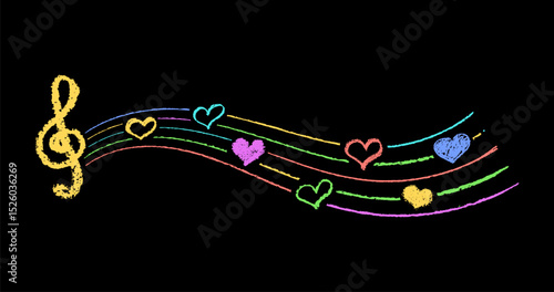 Musical key with crayon lines and hearts. Fun hand-drawn charcoal signs with stamp texture, music underline, and hearts in vibrant kindergarten color scheme. Colorful vector card illustration