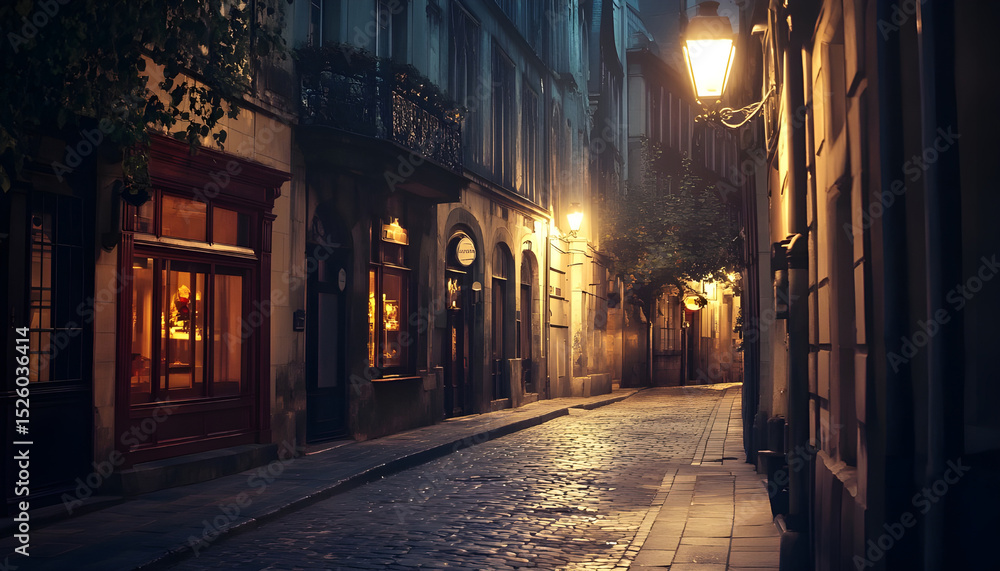 Fototapeta premium Night view of a vintage European city street with Gothic architecture