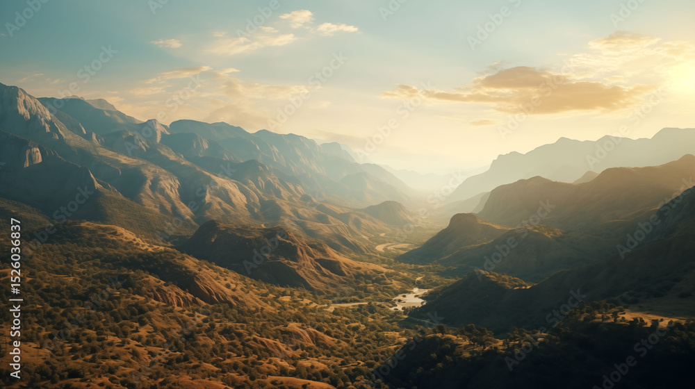Fototapeta premium mountain valley at sunrise, soft golden light, clean sky, sharp details in foreground and background