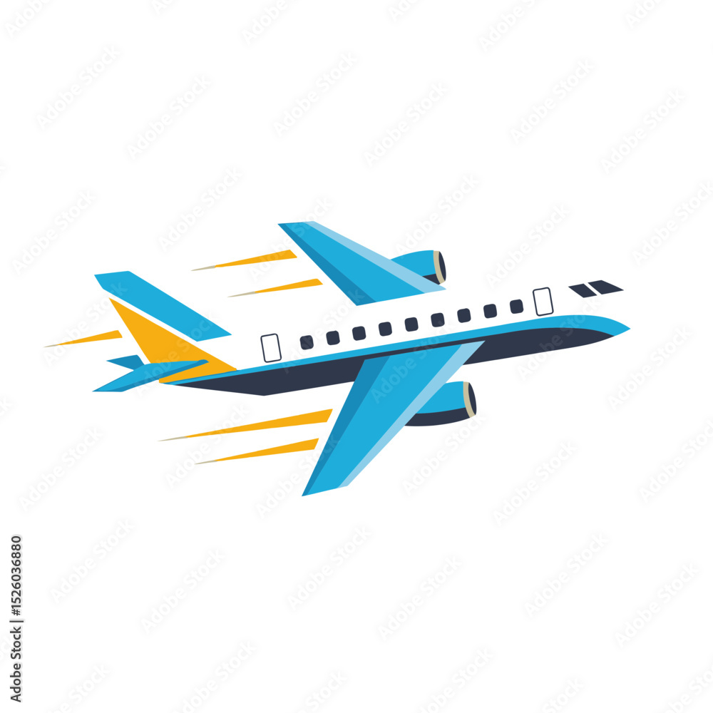 Stylized Airplane in Flight: Blue, Yellow, Travel, Transportation Icon Stylized Airplane in Flight: Blue, Yellow, Travel, Transportation Icon