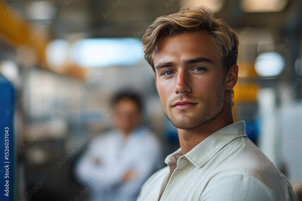 Fototapeta premium Young man with light hair and blue eyes wearing a light-colored shirt looking confidently at the camera indoors with a blurred person in the background