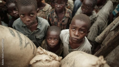 Yearning Gazes of Resilience: A poignant portrayal of underprivileged children looking directly at the viewer, capturing the essence of their hardship and indomitable spirit.