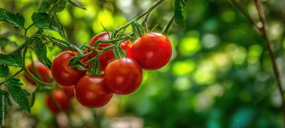 The vibrant tomatoes ripening on the vine in a lush garden setting. The vibrant tomatoes ripening on the vine in a lush garden setting.