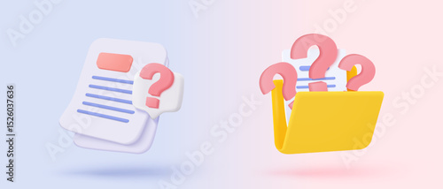 3D document list with question mark icon. paper document sheet missing with speech bubble question sign or ask FAQ and QA answer solution concept. 3d document form icon vector render illustration