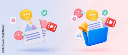 3D media data with video and photo management. Searching image and video files in gallery library. Document management soft database, document form. 3d multimedia file icon vector render illustration