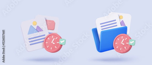 3d folder and paper for management multimedia file, document on project plan. Image and video document folder on time alert notification icon. 3d clock reminder icon vector picture render illustration