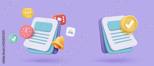 3D media data with video and photo management. Searching image and video files in gallery library. Document management soft database, document form. 3d multimedia file icon vector render illustration