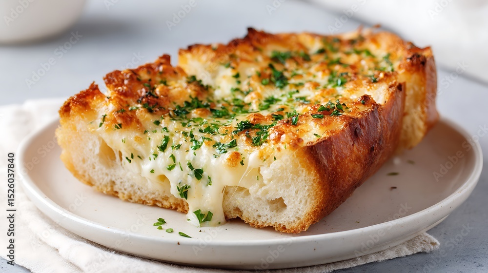 Cheesy Garlic Bread with Melted Cheese and Herbs on a Plate Cheesy Garlic Bread with Melted Cheese and Herbs on a Plate