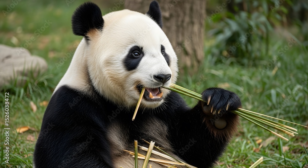 Fototapeta premium Adorable Giant Panda Bear Eating Bamboo Shoots in a Natural Habitat