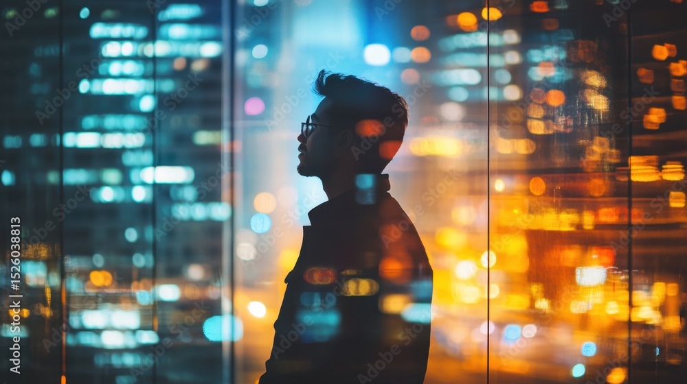 Fototapeta premium A thoughtful silhouette of a man is captured against a backdrop of vibrant city lights at night, reflecting modern urban life and serene contemplation.