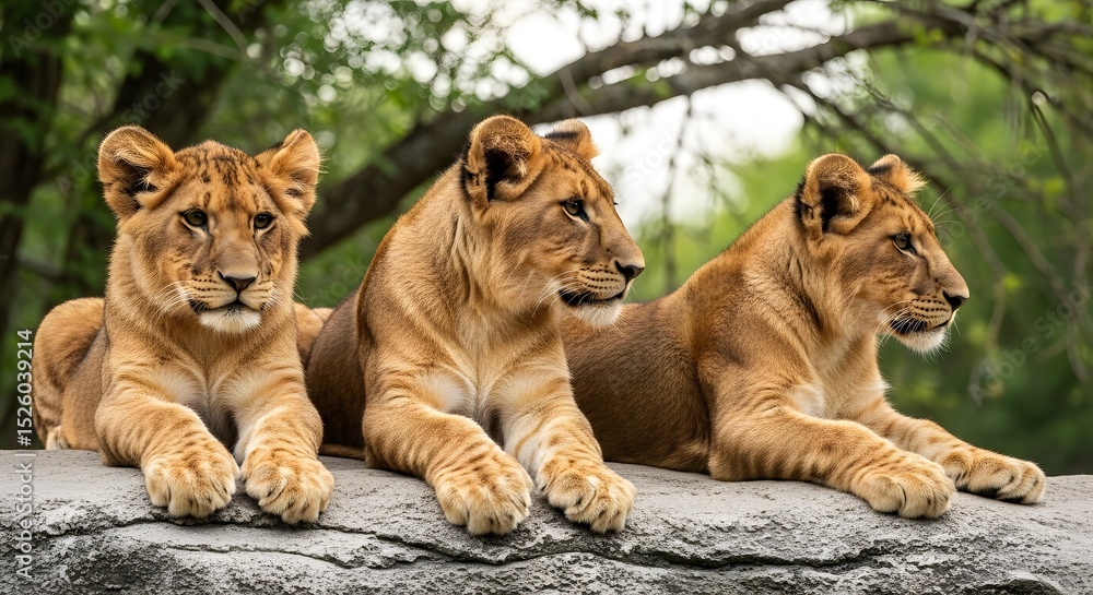 Fototapeta premium Three Adorable Lion Cubs Relaxing on a Stone Ledge in the Wild