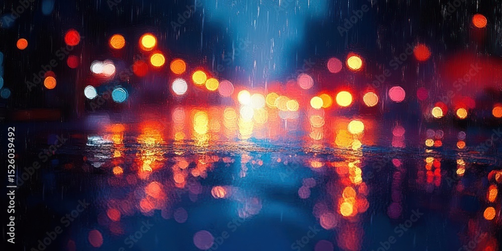 Fototapeta premium Blurred city street lights reflecting on wet surface during rainy night creating colorful bokeh effect with red, orange, and blue tones