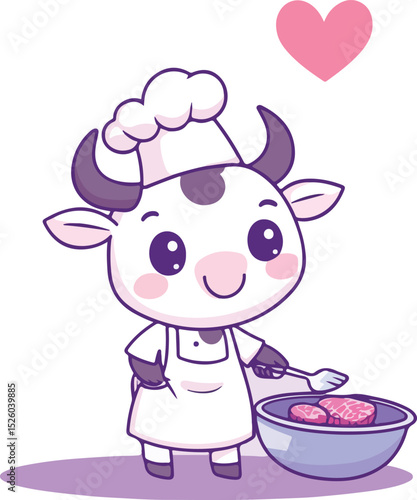 Adorable Cow Chef Cartoon Character with Chef Hat and Apron Holding Fork Over Bowl of Meat with Pink Heart Above on White Background for Culinary