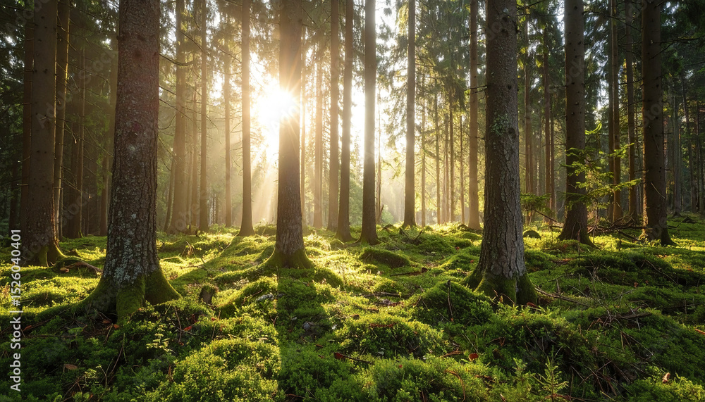 Obraz premium Bright morning sunlight filtering through dense trees in lush forest creates serene atmosphere