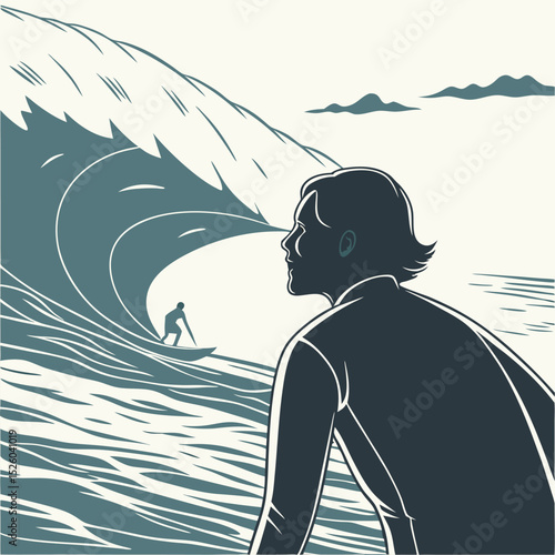Dynamic silhouette of an indistinct person (viewed from behind) surfing a stylized wave. Represents summer watersports, adventure, and the ocean lifestyle. Vector.