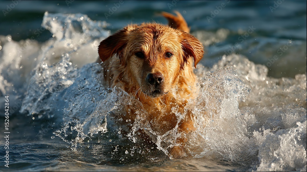 Golden Retriever Dog Splashing in the Ocean Golden Retriever Dog Splashing in the Ocean