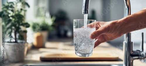 The hand pouring fresh sparkling water into a glass at home