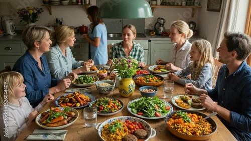 Family Gathering Around a Table Full of Colorful Dishes