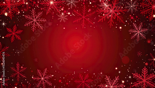 Luminous red snowflakes and glowing starbursts on dark red background create festive atmosphere