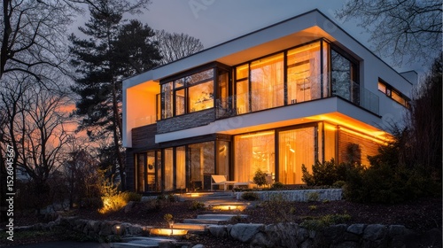 house, exterior, dusk, architecture, minimalist, Modern home at dusk with war...