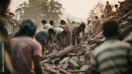 Tense Reconstruction: Witness the intense scene of dedicated individuals working tirelessly amidst the ruins, sifting through debris.
