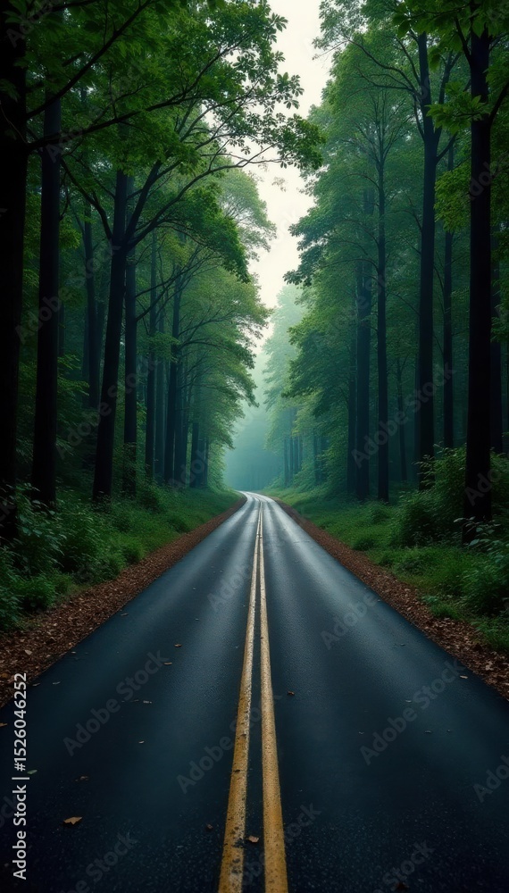 Naklejka premium Dark, shadowed forest road, ribbon of asphalt , drone, road