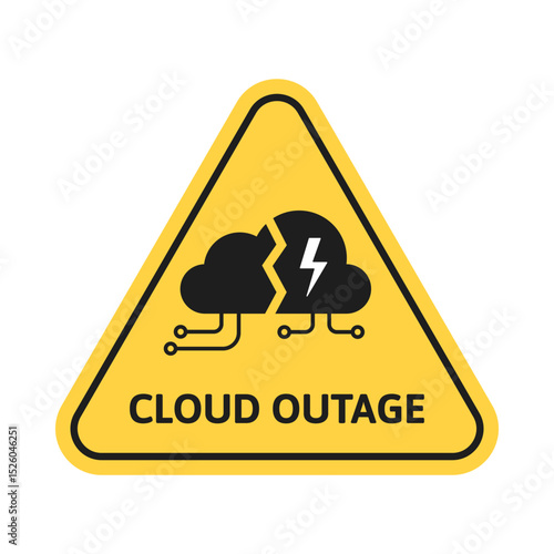 Yellow Cloud Outage Warning Sign With Breaking Thunderbolt Symbol In Triangular Attention Design. for Error Cloud computing Notices, Lose Internet Alerts, Electricity Failure. Cutout Caution Vector.