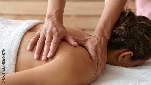 Skilled massage therapist pressing hands firmly on client's back, delivering therapeutic bodywork on padded table within tranquil wellness environment