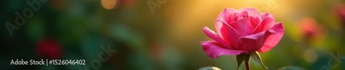 Deep pink rose, dew drops, sun rays, lush foliage, sun, macro, bloom