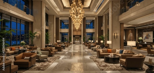 Modern furnishings and lights in a luxurious hotel lobby at night.