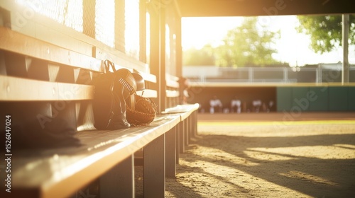 A baseball field's dugout with benches and equipment, outdoor setting with midday sun, Cozy style