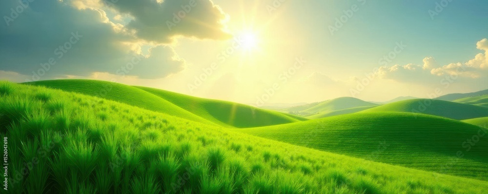 Obraz premium Emerald field, rolling hills, bright sun Symbol of rebirth, optimism , flourishing, hope