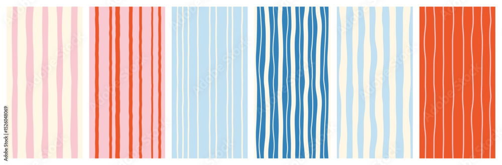 Set of seamless modern simple minimal vertical summer striped colorful light patterns, backgrounds; blue, red, pink, white colors; hand drawn vector illustration, drawing, flat style