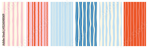 Set of seamless modern simple minimal vertical summer striped colorful light patterns, backgrounds; blue, red, pink, white colors; hand drawn vector illustration, drawing, flat style