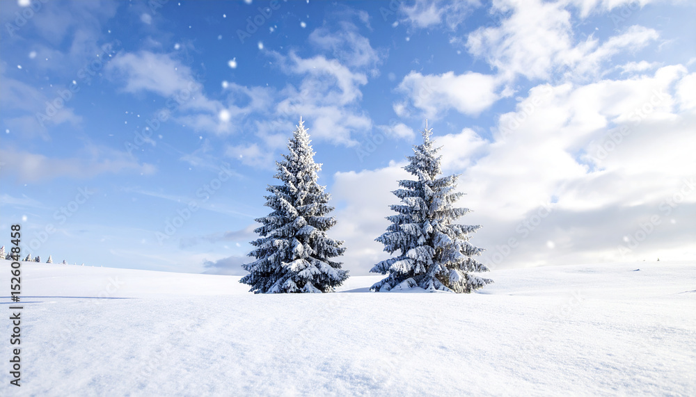 Obraz premium Frosted winter landscape with two snow covered pine trees under blue sky and falling snowflakes