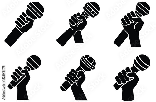 Six diverse illustrations of hands holding microphones