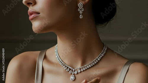 Close Up Of Woman Turning Head Showing Glistening Diamond Necklace And Earrings