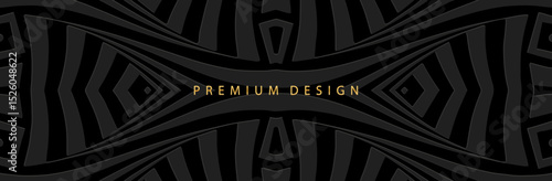 Banner, cover. Premium design. Geometric ethnic abstract pattern on a black background, embossing, art deco. 3D ornaments, arabesques, mandala, fresco, painting of the East, Asia, India, Mexico, Aztec