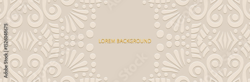 Banner, cover. White lorem background. Geometric ethnic artistic 3D pattern in handmade style. Relief ornaments, arabesques, mandala, fresco, painting of the East, Asia, India, Mexico, Aztec, Peru.