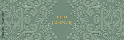 Banner, cover. Green lorem background. Geometric ethnic artistic 3D pattern in handmade style. Relief ornaments, arabesques, mandala, fresco, painting of the East, Asia, India, Mexico, Aztec, Peru.