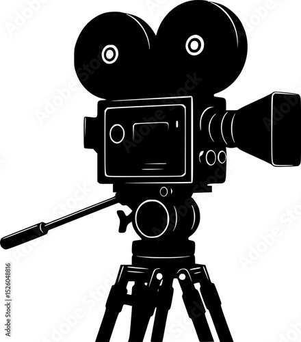 a black and white silhouette of a movie camera on a tripod, black and white cinematography, film camera, film camera style