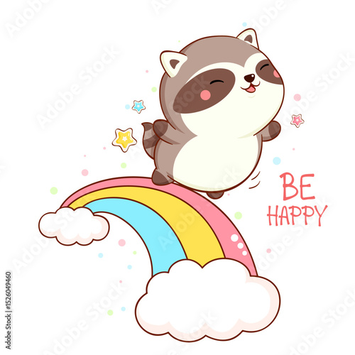 Affirmation for kids playroom, nursery. Sticker with inspirational positive quote Be happy. Cute little raccoon walks on rainbow. Can be used for card, poster, t-shirt print. Vector illustration EPS8