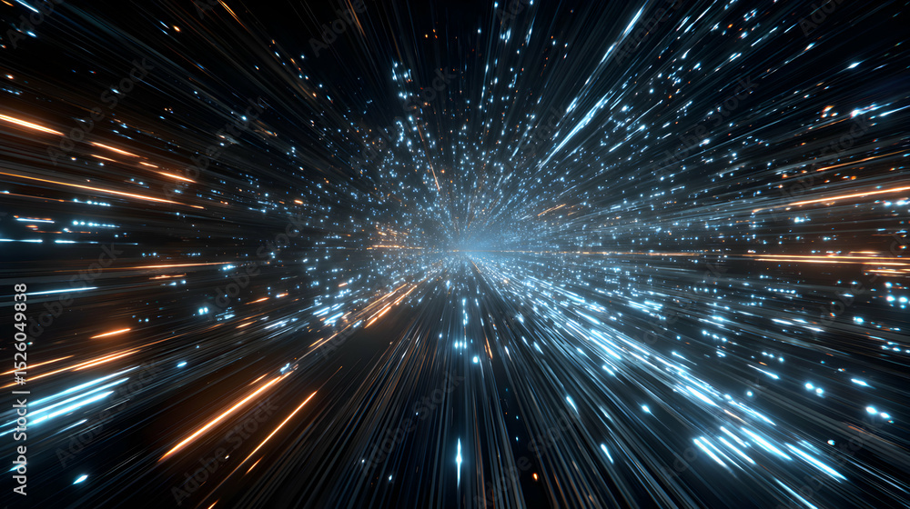 Fototapeta premium Abstract depiction of speed and motion through space with luminous trails of light particles