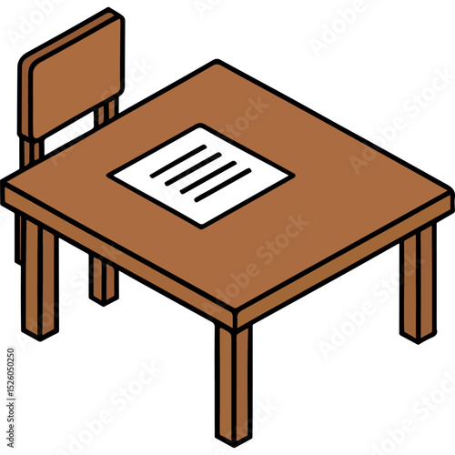 A clean vector isometric illustration of a wooden student desk with a chair and paper on top, perfect for education, study, or classroom themes.